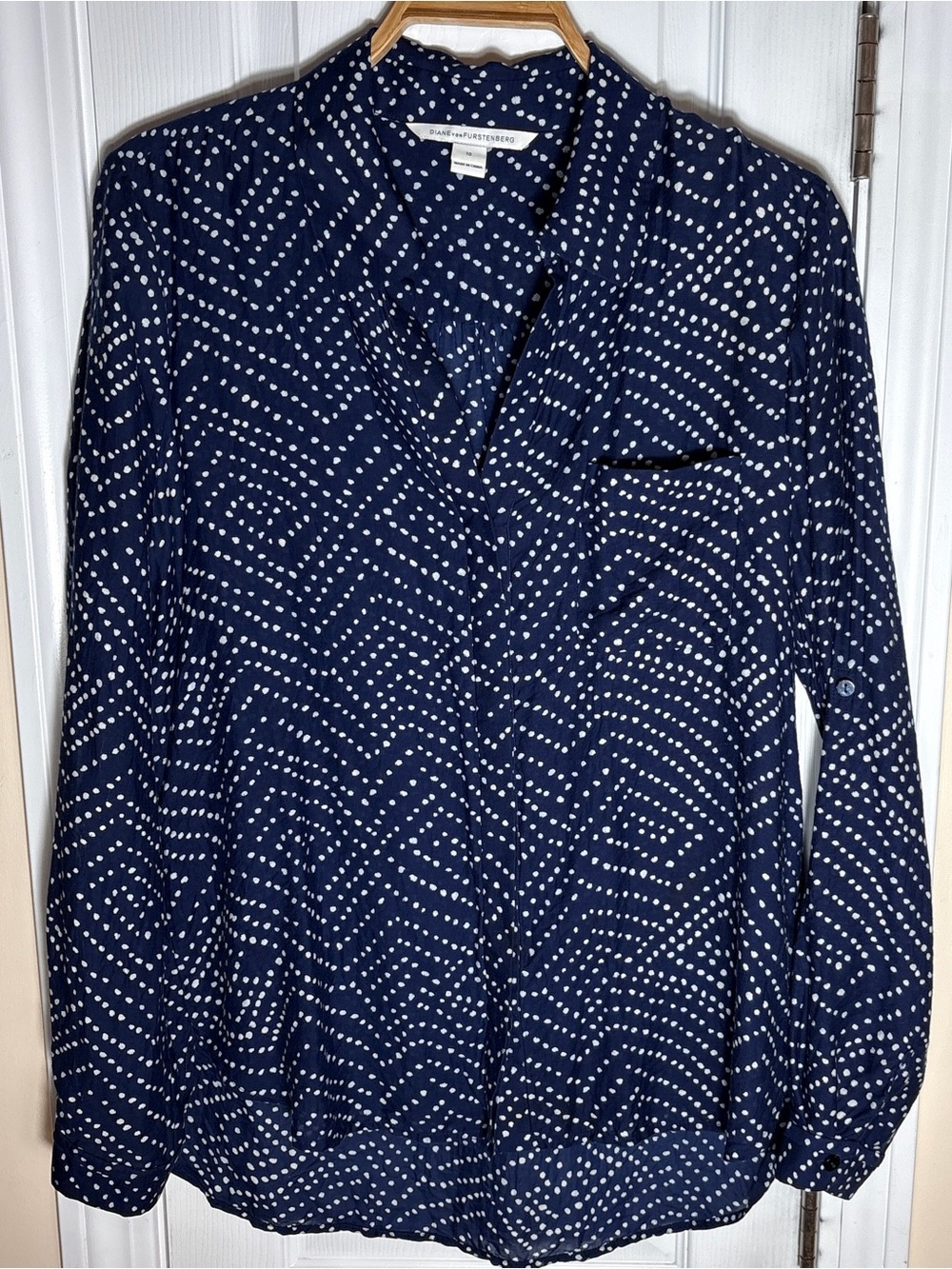 Vtg Diane Von Furstenberg Cotton/Silk Skirt & Blouse Set ~ Navy & White -size 10